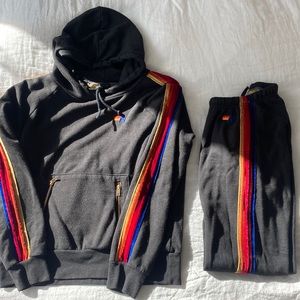 Aviator Nation Black Hoodie & Sweatpants with Red Orange Yellow Blue Stripes